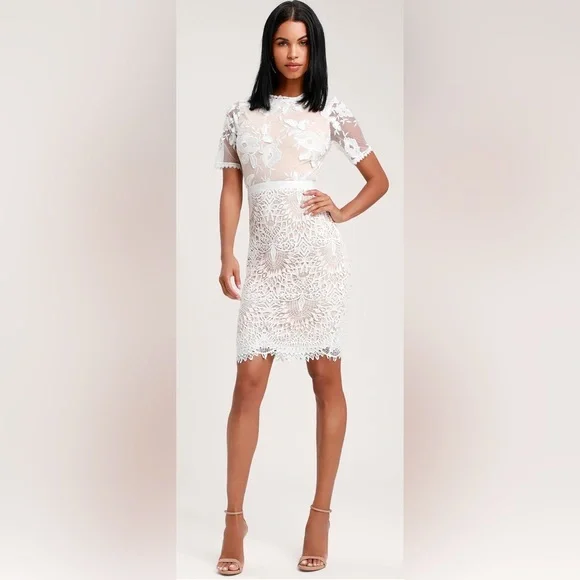 Lulu’s White and Nude Lace Midi Dress - Picture 1 of 11